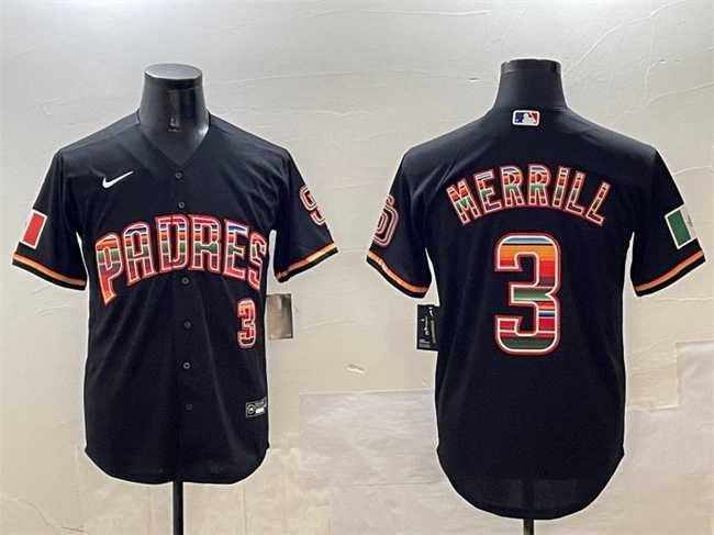 Mens San Diego Padres #3 Jackson Merrill Black Mexico Cool Base Stitched Jersey
